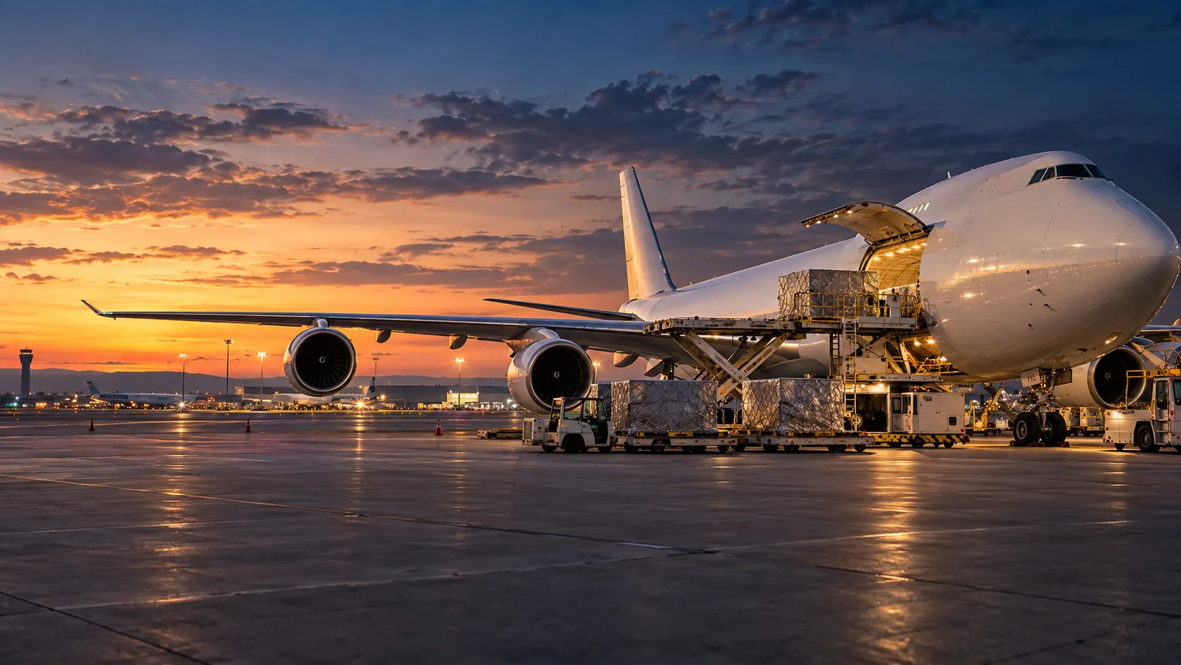 A cargo aircraft being loaded on the apron at dusk