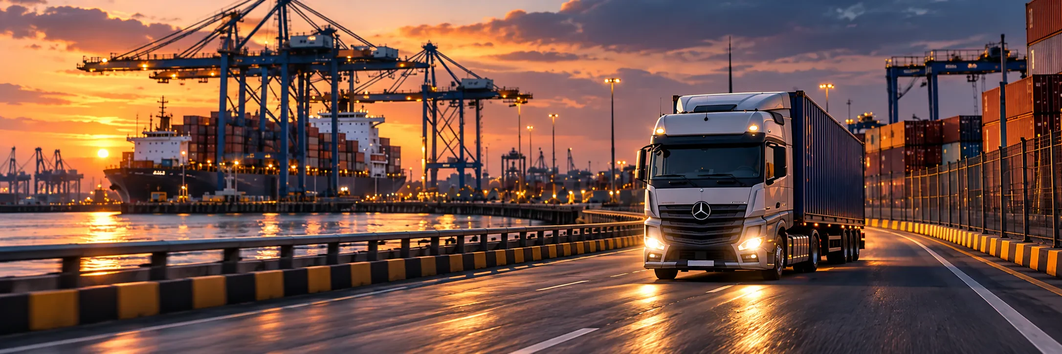 A truck hauling a container out of the port at sunset